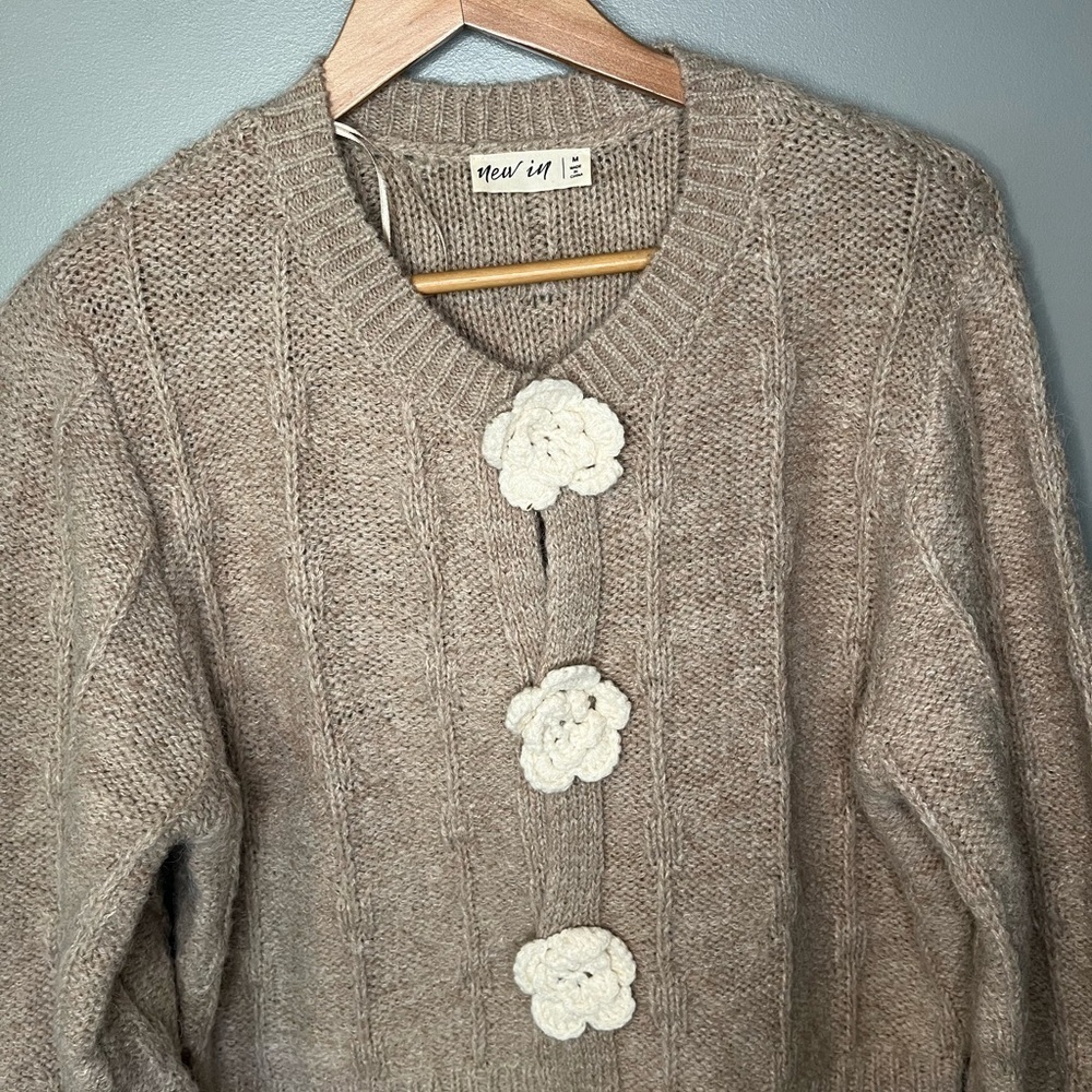 New In Rose Crochet Button Cabled Soft Beige Cardigan - Picture 4 of 11
